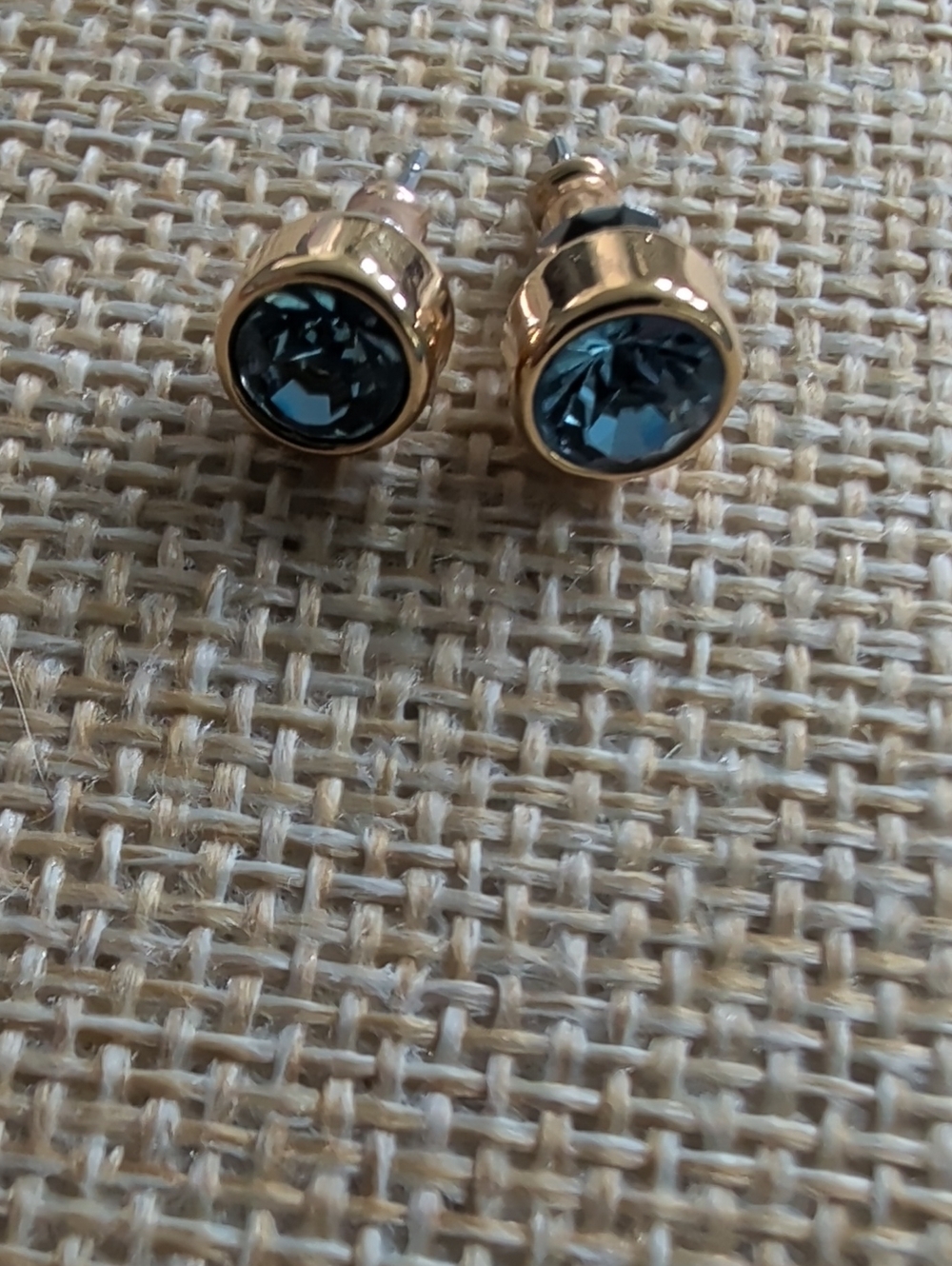 Gold Stud Earrings with Blue Crystal Stones